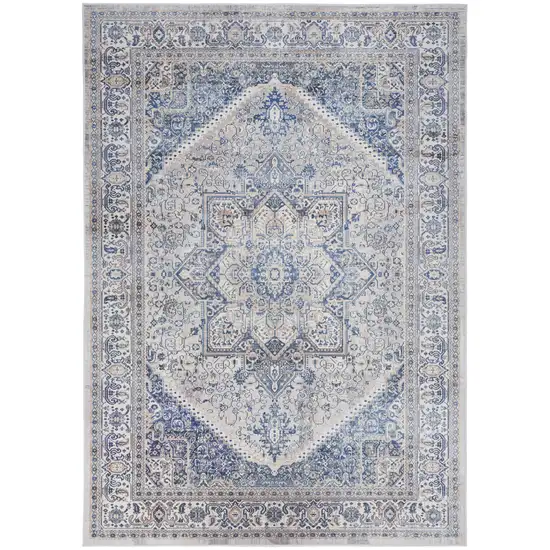 Beige and Blue Floral Medallion Distressed Non Skid Area Rug Photo 2