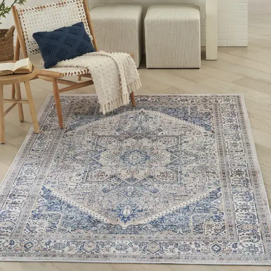 Beige and Blue Floral Medallion Distressed Non Skid Area Rug Photo 9