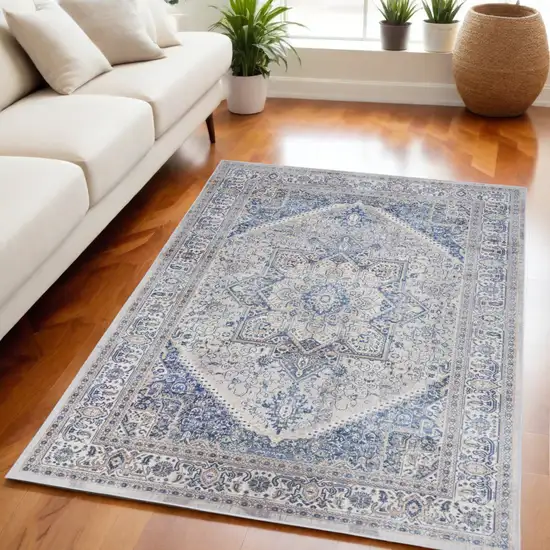 Beige and Blue Floral Medallion Distressed Non Skid Area Rug Photo 1