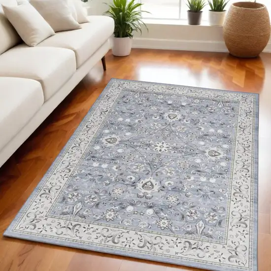 Beige and Blue Floral Medallion Distressed Non Skid Area Rug Photo 1