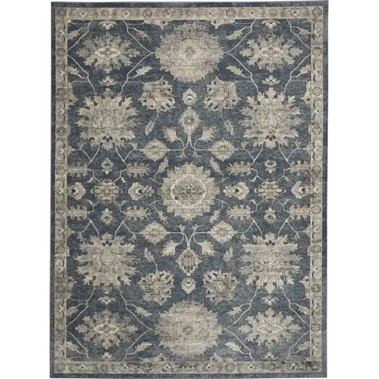 Beige and Blue Floral Medallion Power Loom Area Rug Photo 2