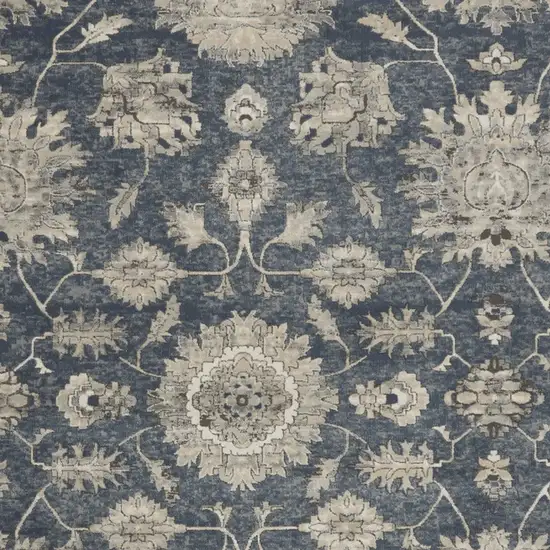 Beige and Blue Floral Medallion Power Loom Area Rug Photo 6