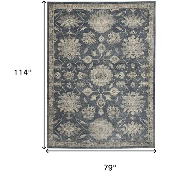 Beige and Blue Floral Medallion Power Loom Area Rug Photo 3