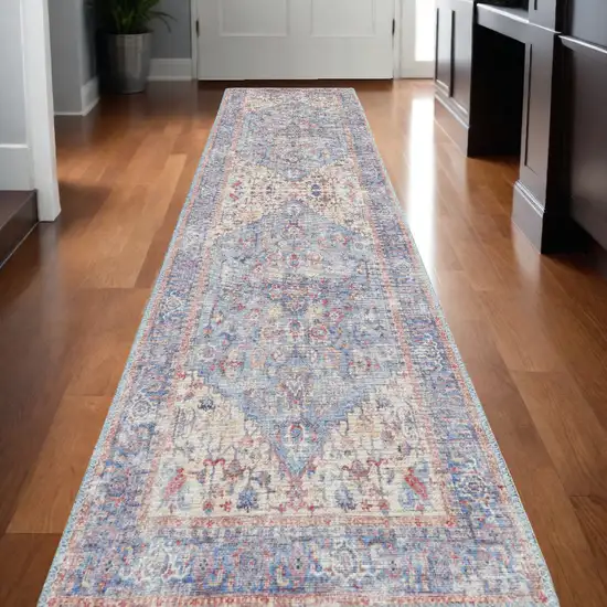 Beige and Blue Floral Power Loom Distressed Runner Rug Photo 1