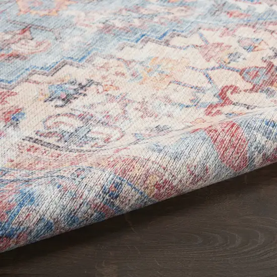 Beige and Blue Floral Power Loom Distressed Runner Rug Photo 7