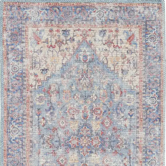 Beige and Blue Floral Power Loom Distressed Runner Rug Photo 9