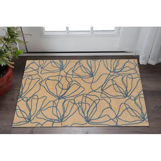 Beige and Blue Floral Washable Non Skid Area Rug With UV Protection Photo 1