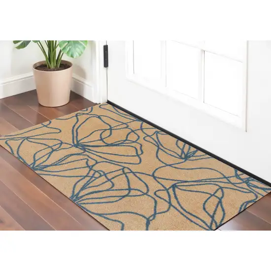 Beige and Blue Floral Washable Non Skid Area Rug With UV Protection Photo 1