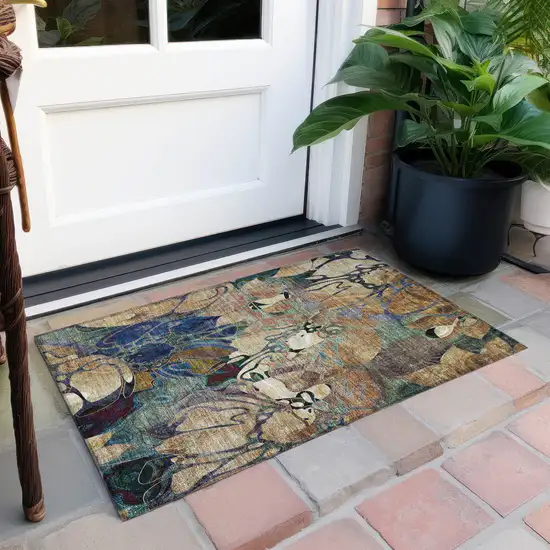 Beige and Blue Floral Washable Non Skid Indoor Outdoor Area Rug Photo 8