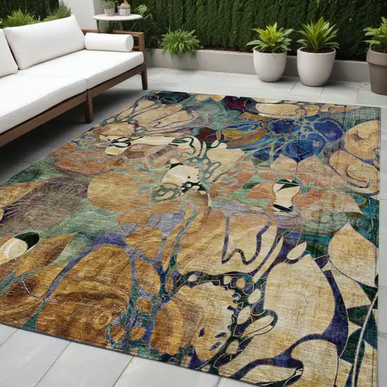 Beige and Blue Abstract Washable Indoor Outdoor Area Rug Photo 2