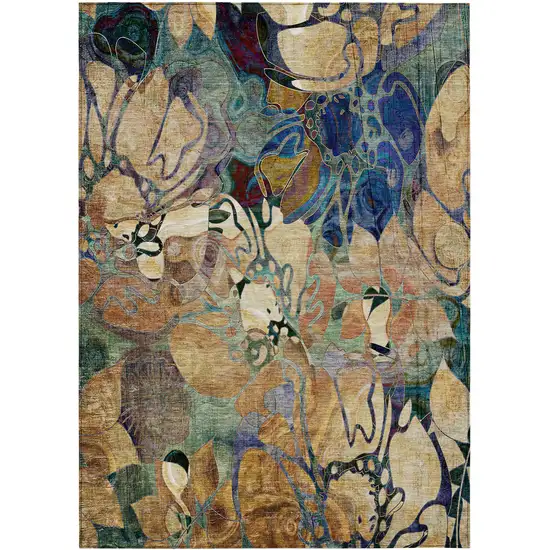 Beige and Blue Floral Washable Non Skid Indoor Outdoor Area Rug Photo 1