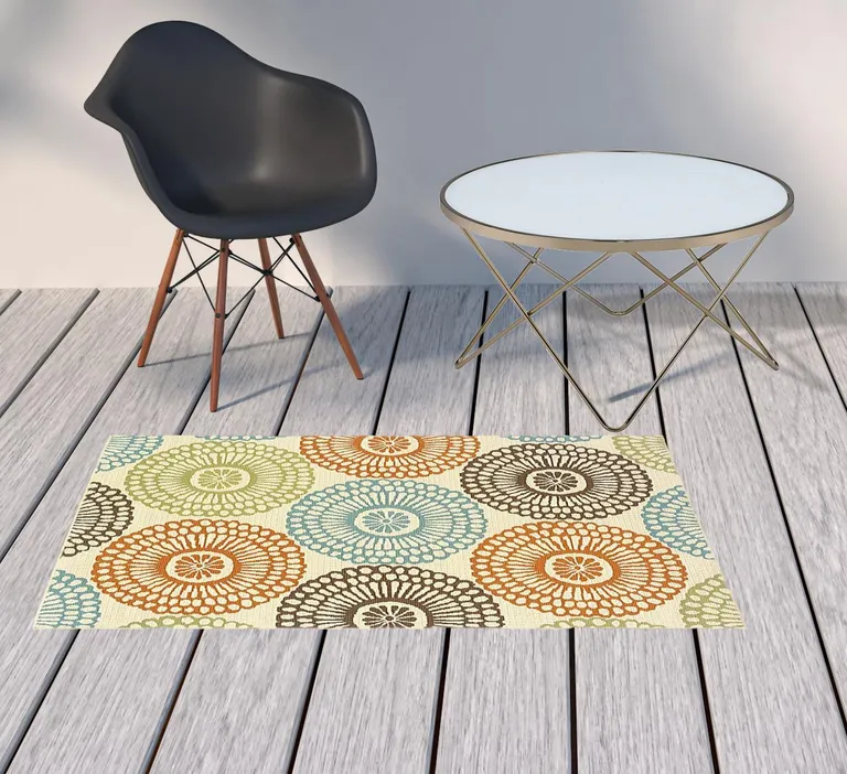 Beige and Blue Medallion Indoor Outdoor Area Rug Photo 3