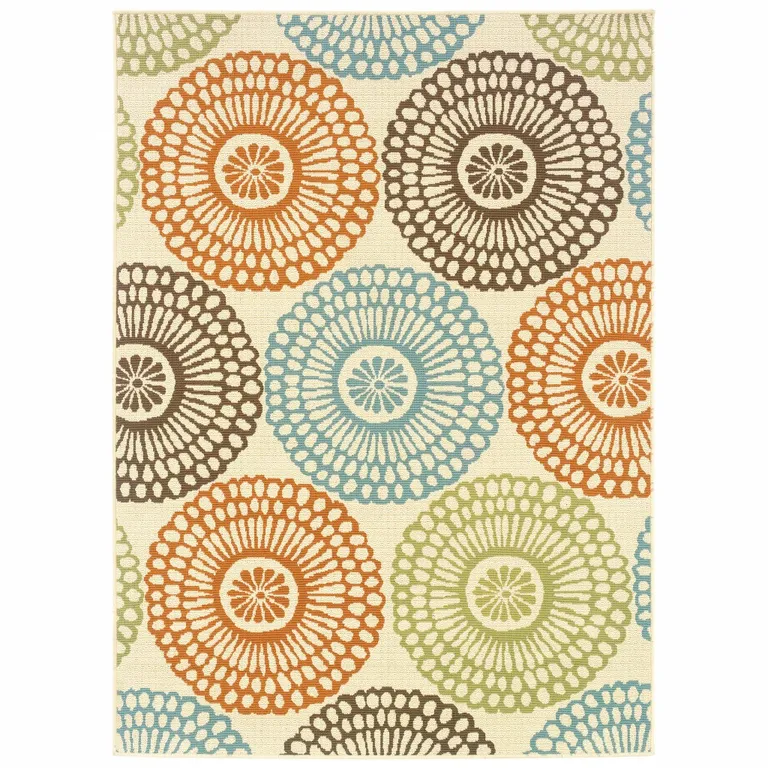 Beige and Blue Medallion Indoor Outdoor Area Rug Photo 1