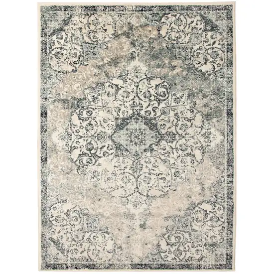 Beige and Blue Medallion Power Loom Area Rug Photo 1