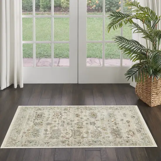 Beige and Blue Oriental Power Loom Distressed Area Rug With Fringe Photo 7