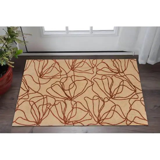 Beige and Bronze Floral Washable Non Skid Area Rug With UV Protection Photo 1