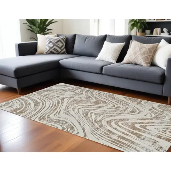 Beige and Brown Abstract Distressed Area Rug Photo 2