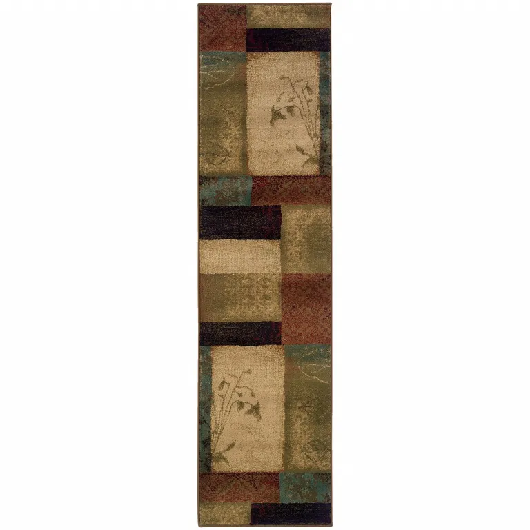 Beige and Brown Floral Block Pattern Runner Rug Photo 1