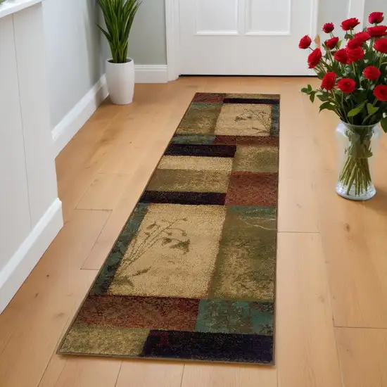 2' X 8' Beige And Brown Floral Block Pattern Runner Rug Photo 1