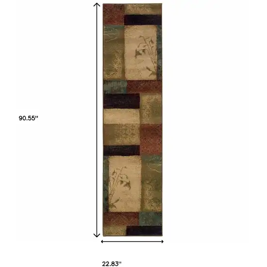 Beige and Brown Floral Block Pattern Runner Rug Photo 6