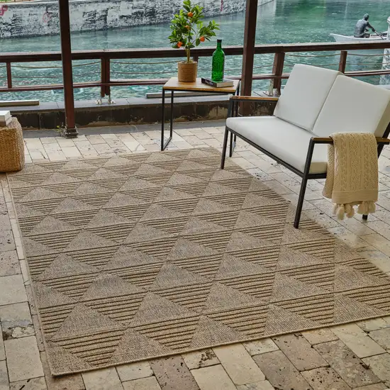 Beige and Brown Geometric Distressed Indoor Outdoor Area Rug Photo 7