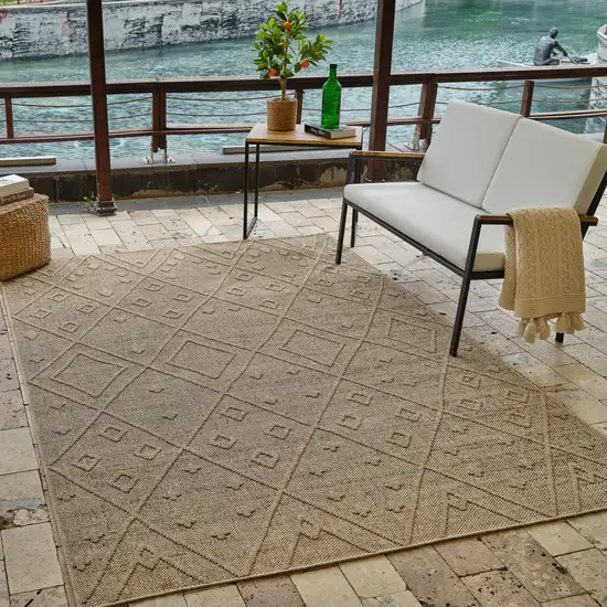 Beige and Brown Geometric Distressed Indoor Outdoor Area Rug Photo 9