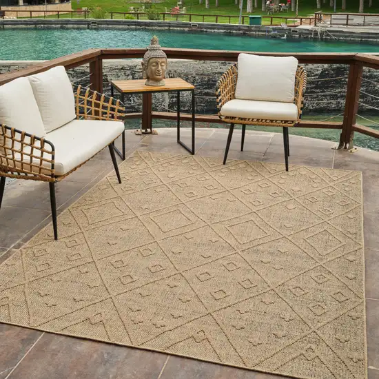 Beige and Brown Geometric Distressed Indoor Outdoor Area Rug Photo 9