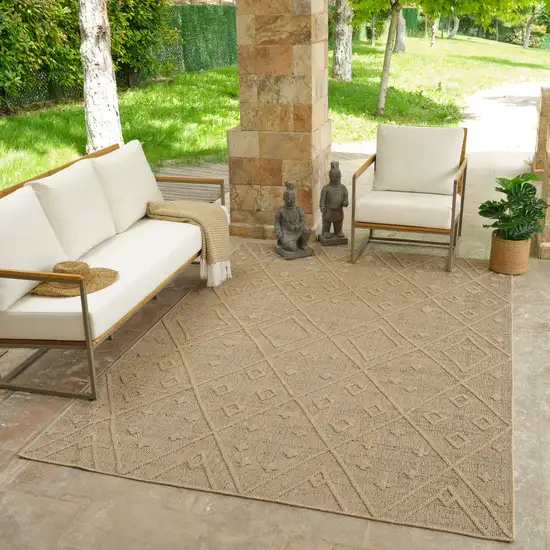 Beige and Brown Geometric Distressed Indoor Outdoor Area Rug Photo 8