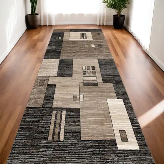 10' Beige Abstract Power Loom Runner Rug Photo 1