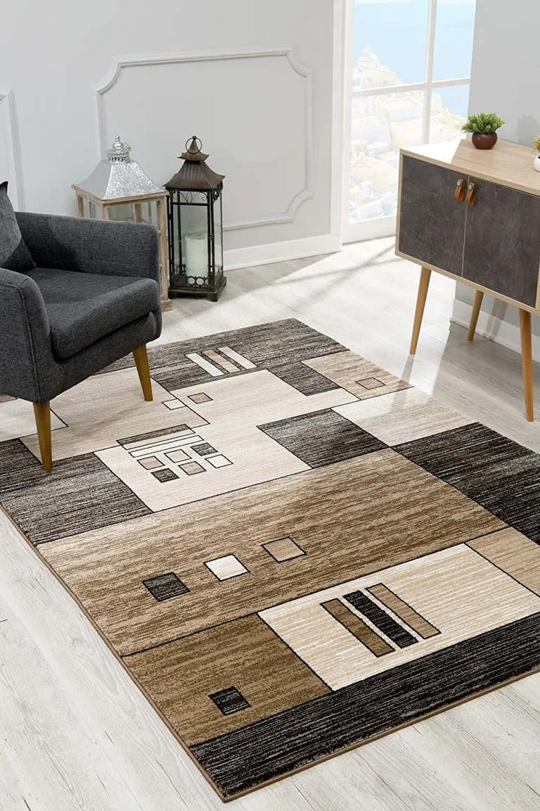 Beige and Brown Geometric Runner Rug Photo 4