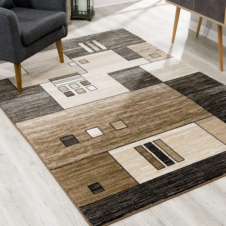 Beige and Brown Geometric Runner Rug Photo 3