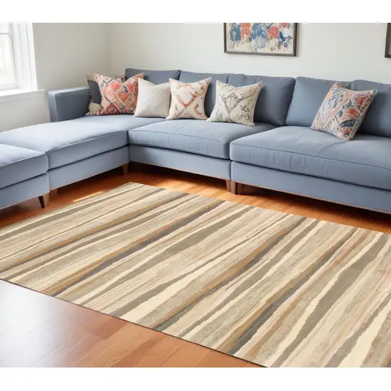 Beige and Brown Wool Abstract Stripe Hand Loomed Area Rug Photo 1