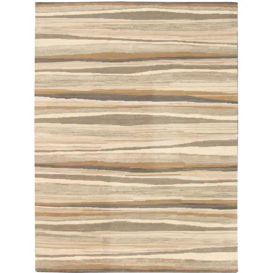 Beige and Brown Wool Abstract Stripe Hand Loomed Area Rug Photo 4