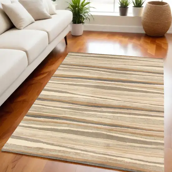 Beige and Brown Wool Striped Hand Loomed Area Rug Photo 1