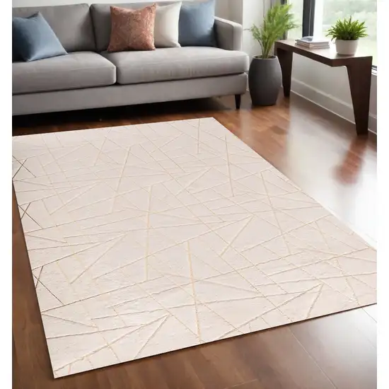 Beige and Gold Faux Fur Abstract Geometric Washable Non Skid Area Rug Photo 1