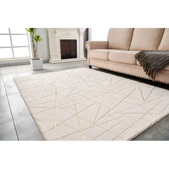 Beige and Gold Faux Fur Abstract Shag Non Skid Area Rug Photo 2