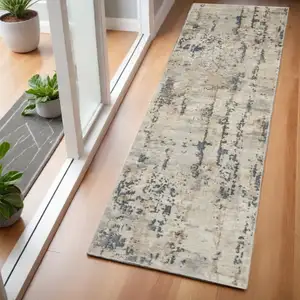 Photo of Beige and Gray Abstract Power Loom Runner Rug