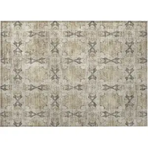 Photo of Beige and Gray Floral Medallion Washable Non Skid Indoor Outdoor Area Rug