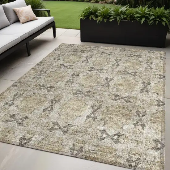 Beige and Gray Floral Medallion Washable Non Skid Indoor Outdoor Area Rug Photo 1