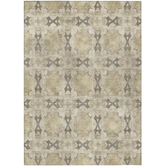 Beige and Gray Floral Medallion Washable Non Skid Indoor Outdoor Area Rug Photo 2