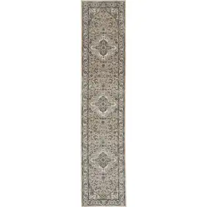 Photo of Beige and Gray Medallion Power Loom Distressed Runner Rug