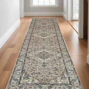 Photo of Beige and Gray Medallion Power Loom Distressed Runner Rug