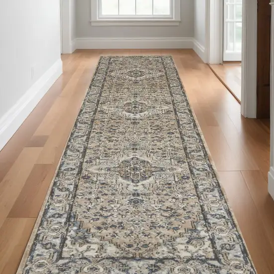 Beige and Gray Medallion Power Loom Distressed Runner Rug Photo 1