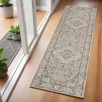 Photo of Beige and Gray Medallion Power Loom Distressed Runner Rug