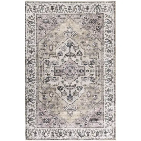 Beige and Gray Oriental Power Loom Distressed Washable Non Skid Area Rug Photo 1