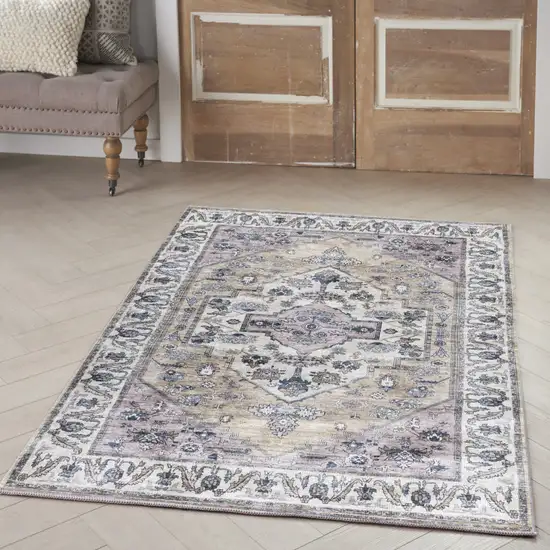 Beige and Gray Oriental Power Loom Distressed Washable Non Skid Area Rug Photo 5