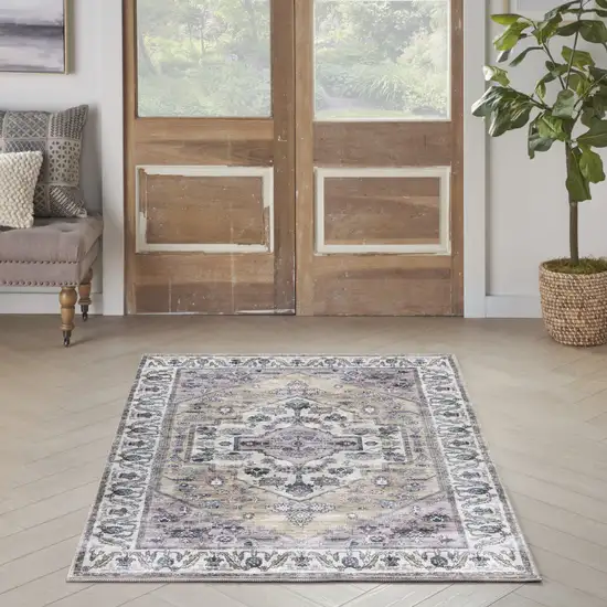 Beige and Gray Oriental Power Loom Distressed Washable Non Skid Area Rug Photo 6