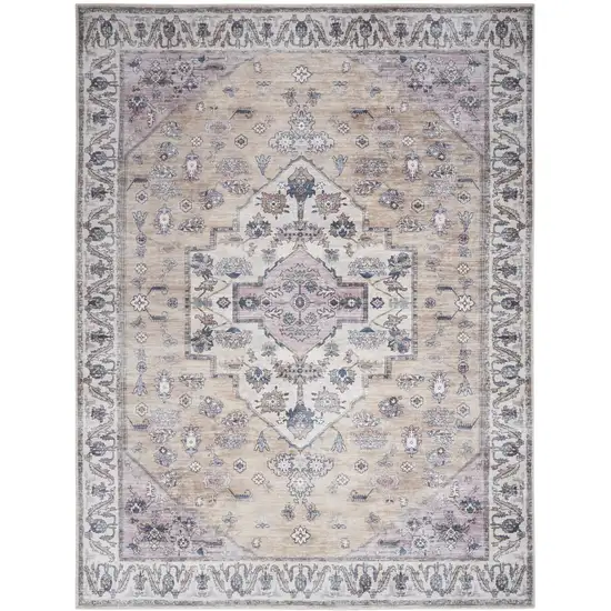 Beige and Gray Oriental Power Loom Distressed Washable Non Skid Area Rug Photo 1