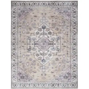 Photo of Beige and Gray Oriental Power Loom Distressed Washable Non Skid Area Rug