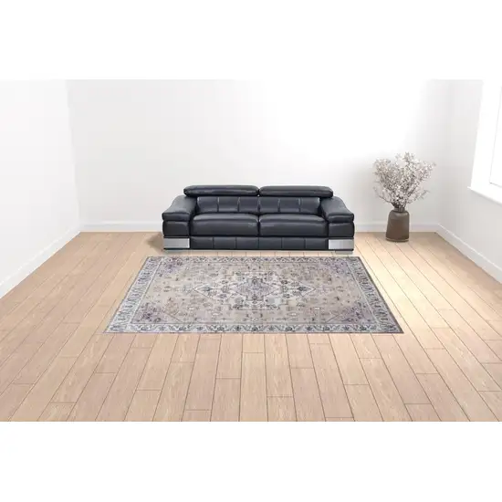 Beige and Gray Oriental Power Loom Distressed Washable Non Skid Area Rug Photo 3